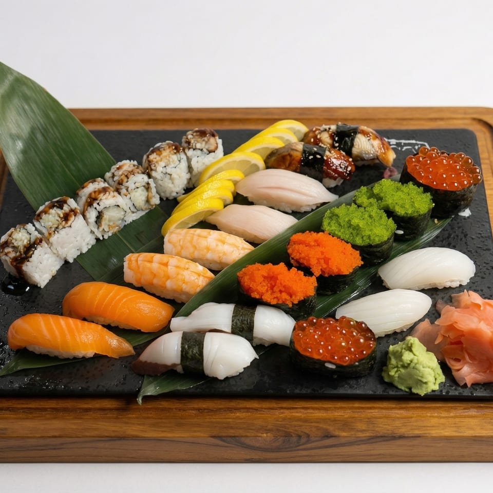 Assorted sushi and sashimi platter with nigiri, rolls, and gunkan maki on a black slate.