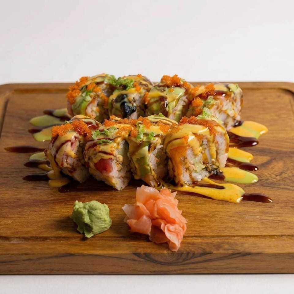Sushi rolls with avocado, orange roe, and sauces, served with wasabi and ginger on a wooden board.