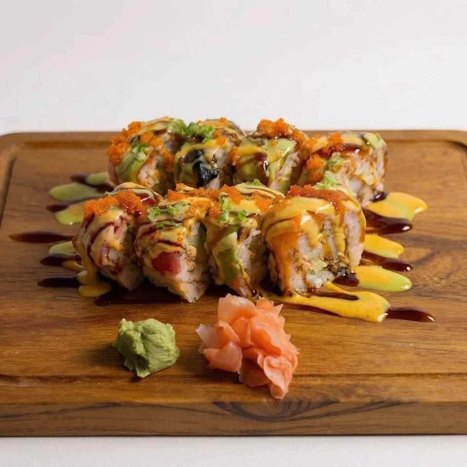 Sushi rolls with avocado, orange tobiko, and sauces on a wooden board with wasabi and ginger.
