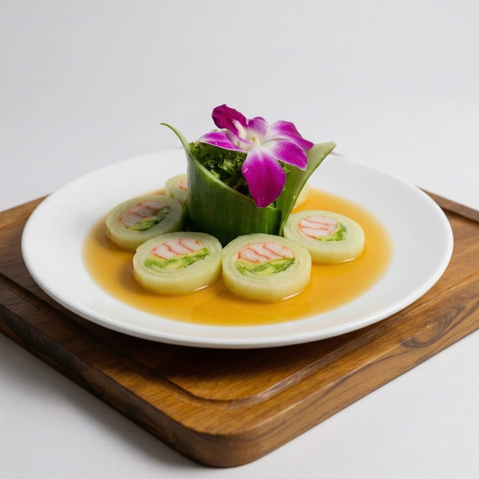 Cucumber-wrapped sushi rolls with shrimp and avocado, garnished with a purple orchid, in a light sauce.