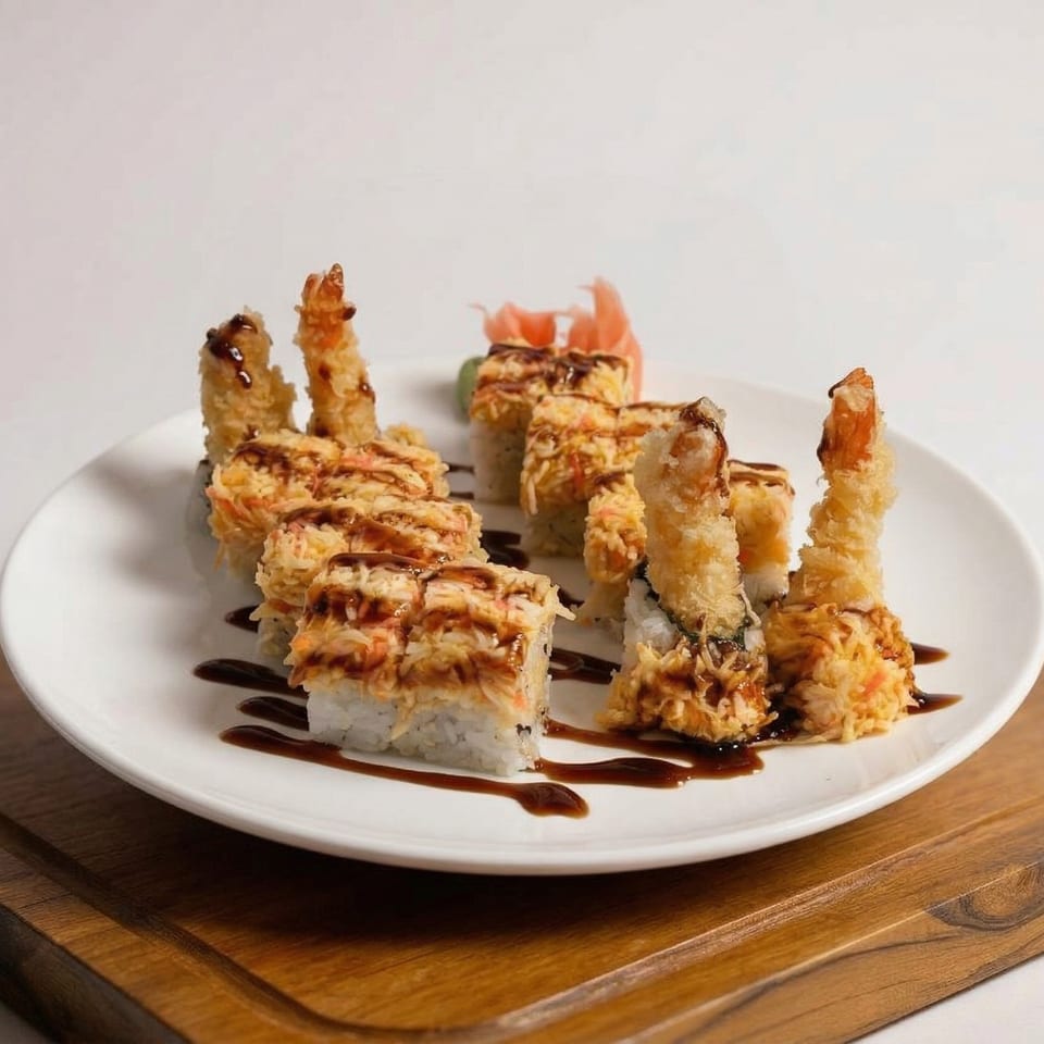 A white plate of sushi rolls topped with fried shrimp and drizzled with dark sauce.